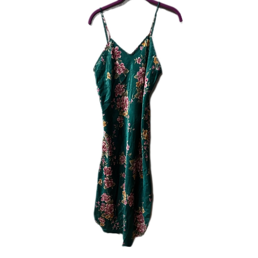 Vintage 90s Dentelle Forest Green Floral Midi Slit Slip Dress Spaghetti Strap